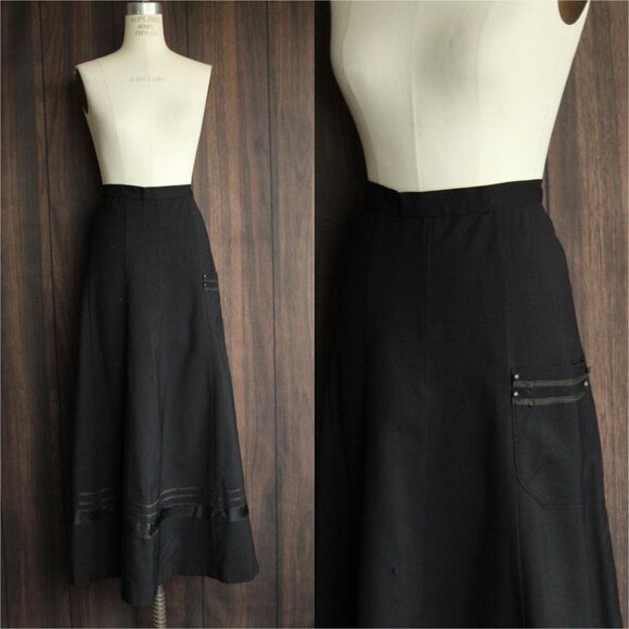 Vintage 1900s Volup Size Edwardian Black Skirt With Pocket, Victorian Mourning